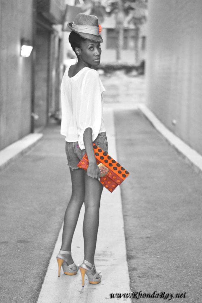 kente, straw hat, jeans, bow shirt, daisy dukes, kente clutch